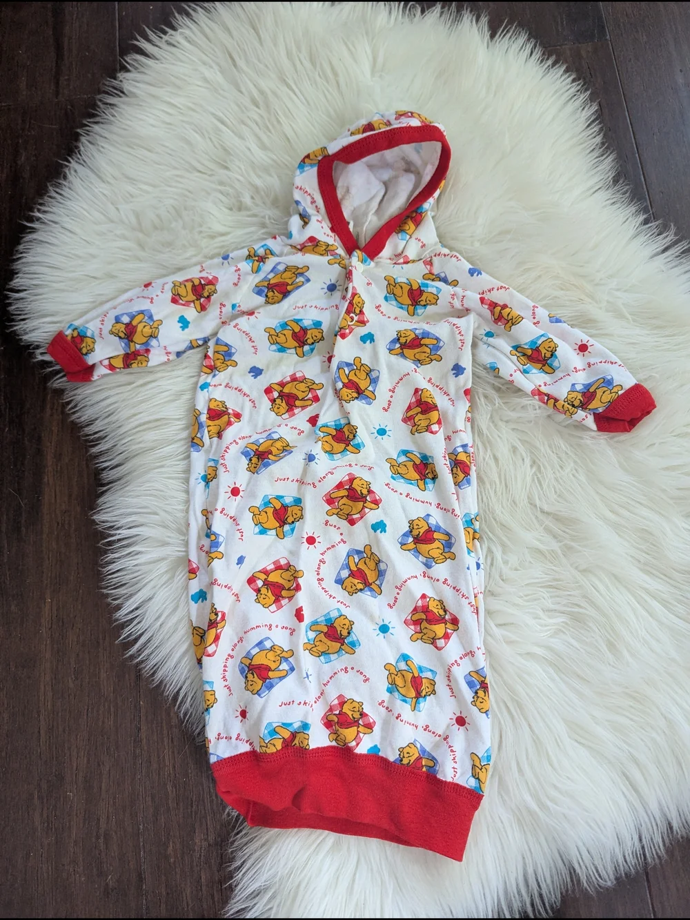 Vintage Y2K 90s Disney Winnie the Pooh Newborn Hooded Nightgown Pajamas